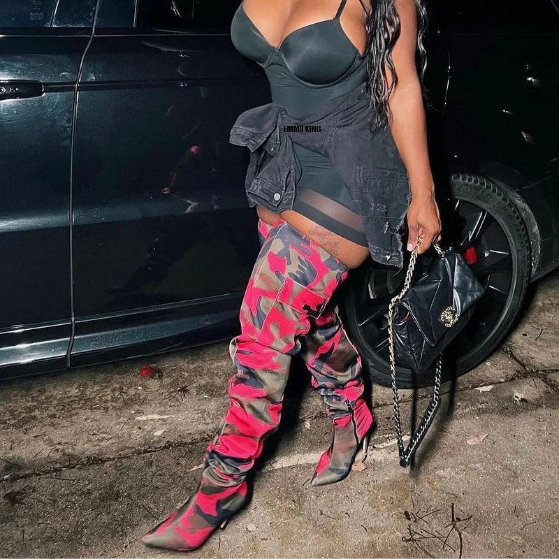 

2023 New Women Over Knee Boots Pointed Toe Camouflage Zipper Sexy Punk Boots With Pocket Luxury Looss Heel Shoes