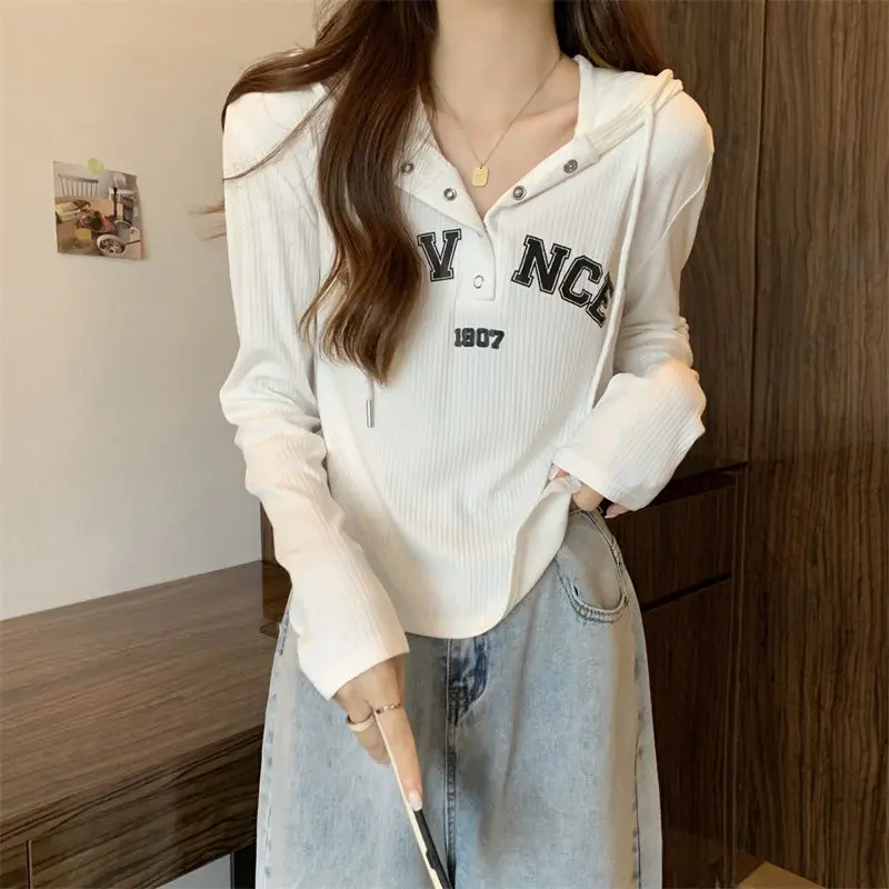 Fashion Long Sleeve Printed Letter Button Hooded T-Shirts Female Clothing 2024 Autumn New Loose Korean Tops Casual Tee Shirt