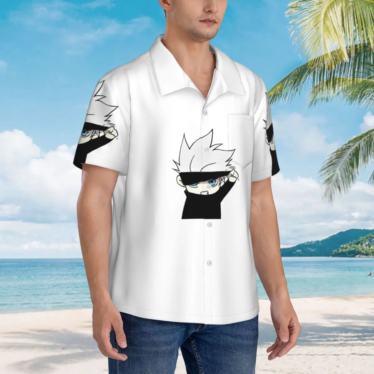 

Gojo Manga Kawaii Japanese Anime Hawaiian Shirts Funny Men Short Sleeve Shirt for Summer Beach Men's Button Tops