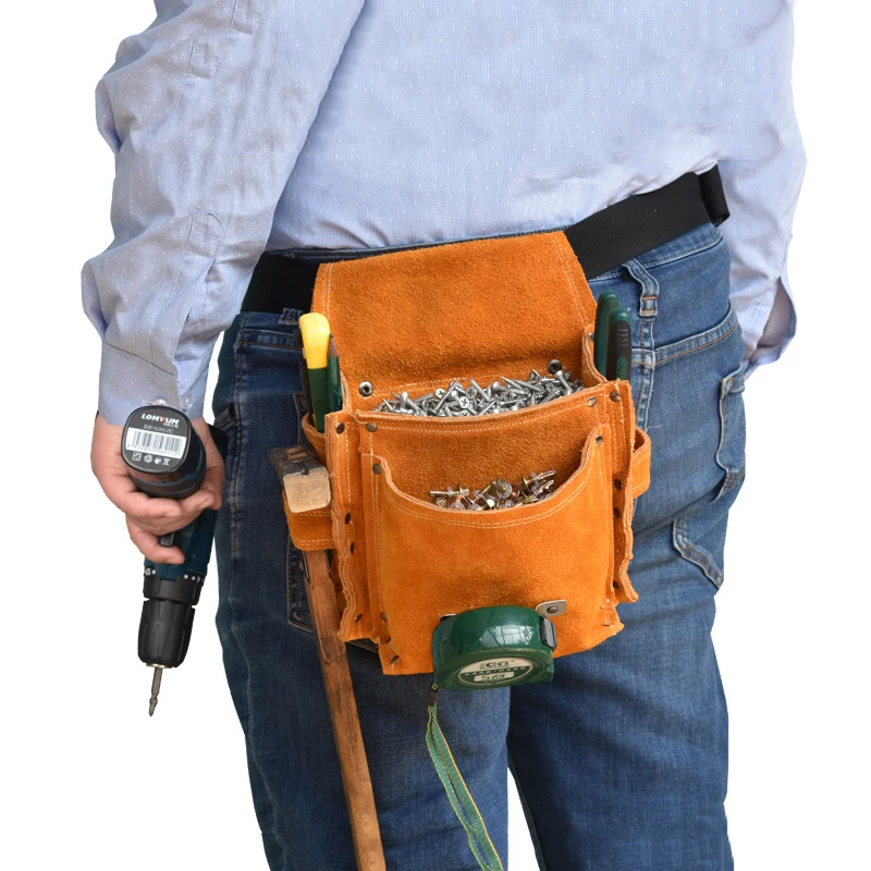 Multifunction Cowhide Cloth Toolkit Electrician Instrument Hardware Storage Pouch Waist Belt Tool Bag Hammer Ruler Storage