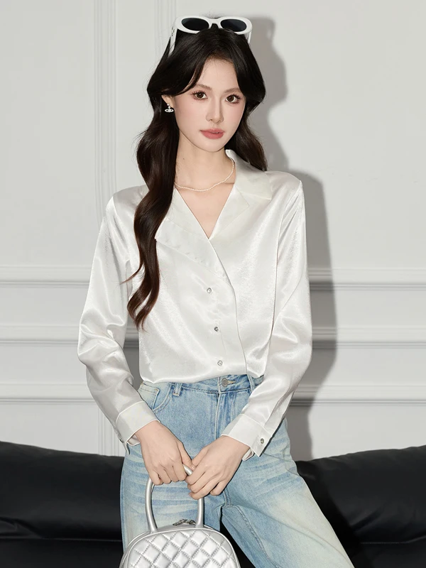 White Silk Long Sleeve Shirt for Women 2026 New Spring Office Commute Elegant Fashion Lightweight Ladies Premium Quality Blouse