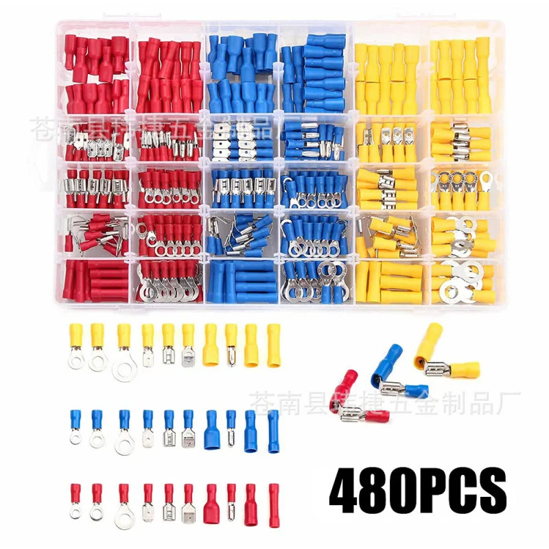 

480pcsCold Pressed Terminal Set Insulated Crimp Copper Terminals Circular Open Wire Connection Combination Set