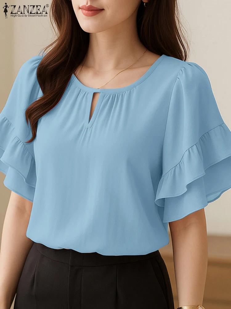 

Stylish Women Blouses ZANZEA 2025 Summer Office Work Shirts Elegant Short Sleeve Solid Tunic Tops Casual O Neck Holiday Blusas