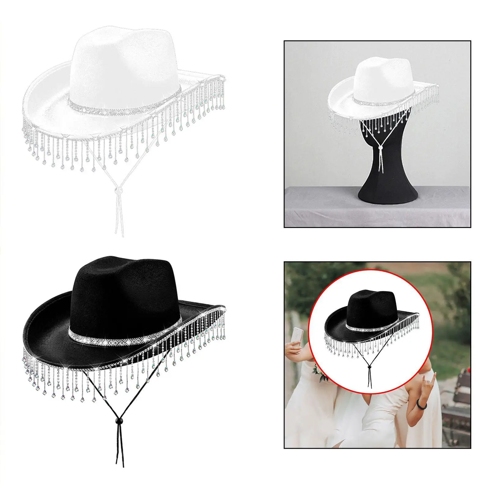 Women Cowboy Hat Lightweight with Chin Strap Novelty Stylish Bride Hat for Party Supplies Cosplay Festival Travel Photo Props