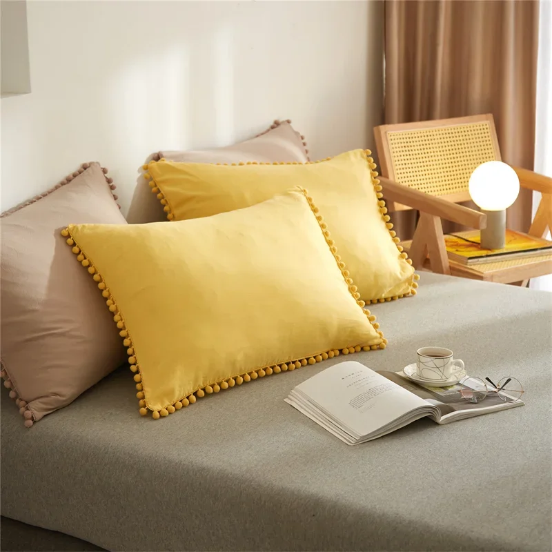 American Style Furball Tasseles Yellow Bedding Set Queen Home Hairball Tassel Bed Cover Sets Soft King Size Duvet Cover No Sheet