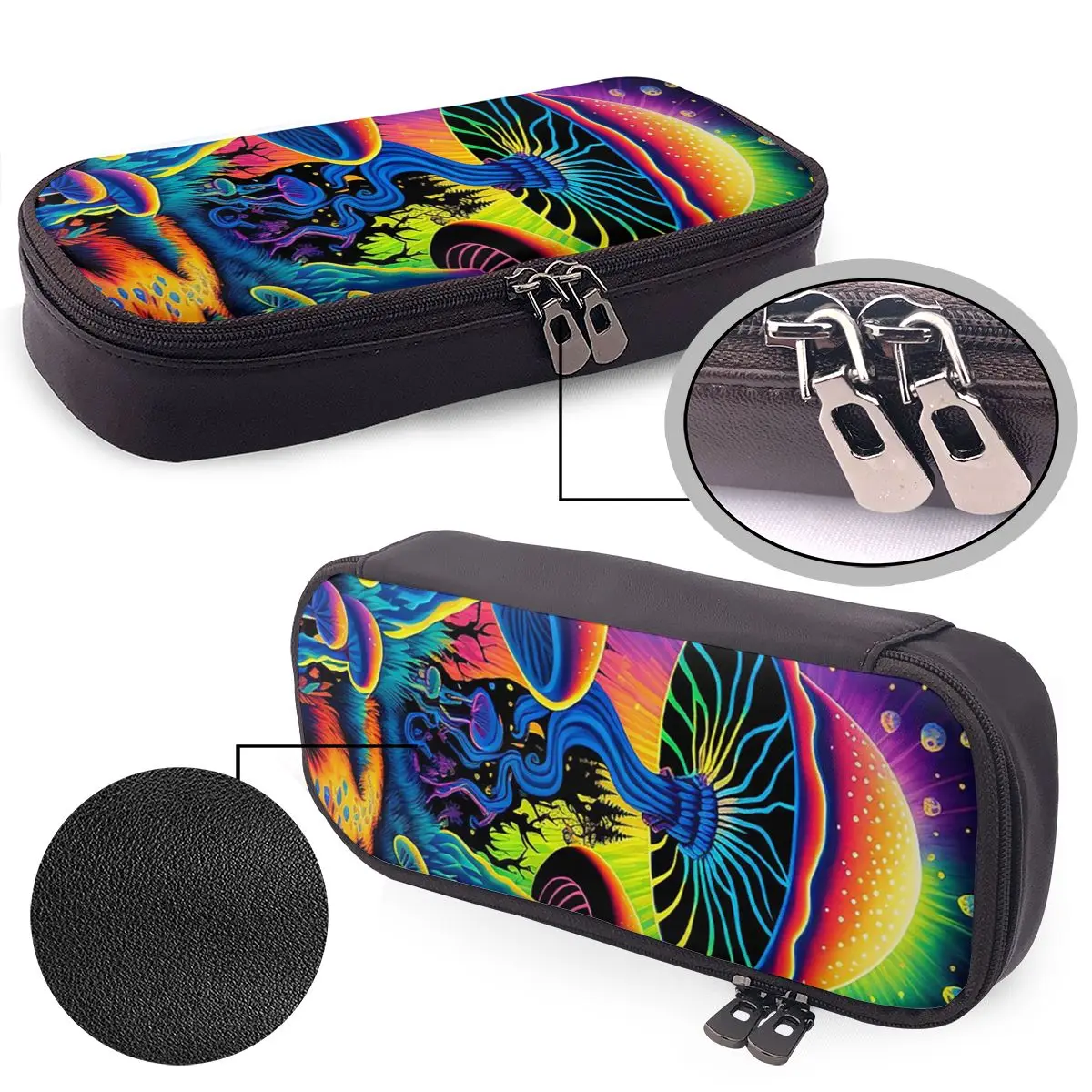 Psychedelic Magic Glowing Mushrooms Leather Pencil Case Pencil Pouch Storage Stationery Supplies Pen Box Pencil Bag for School