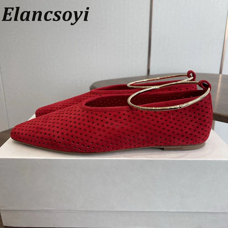 Flat shoes summer women's 2026 new pointed comfortable flat shoes mesh metal ring decoration breathable casual women's shoes