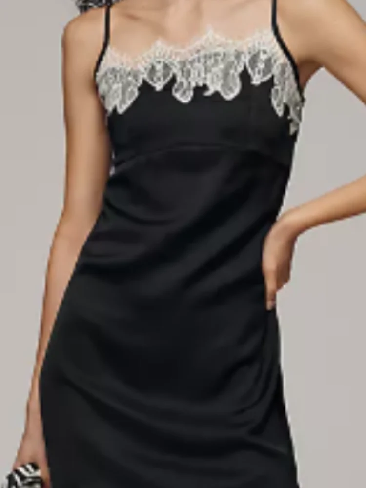 

Lady Sexy Black Lace Satin Slip Midi Dress Chic V Spaghetti Straps Lace-trim Neckline Bodycon Dresses 2026 Summer Cozy Home Wear