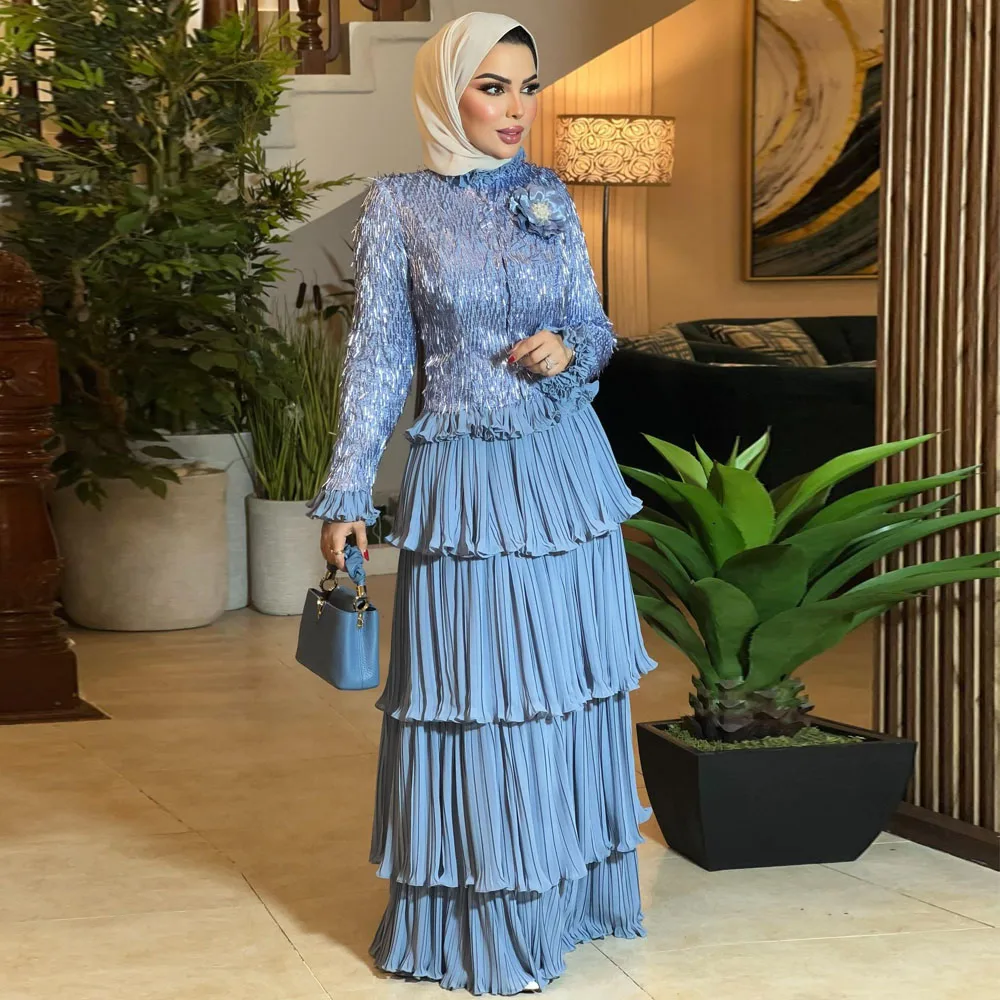 

Customized Modest Blue Tiered Ruffle Prom Dress for Muslim Women Long Sleeve Sequin Hijab Formal Party Dress Floor Lenght