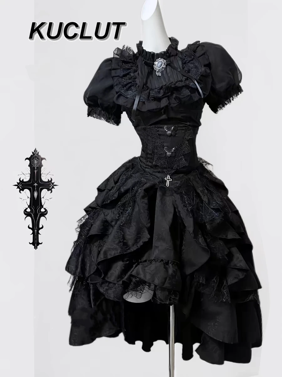 

Gothic Lolita Two Piece Sets Womens Outifits Elegant Slimming Short Sleeve Shirt and Jacquard Waist Skirt Set Halloween Suit