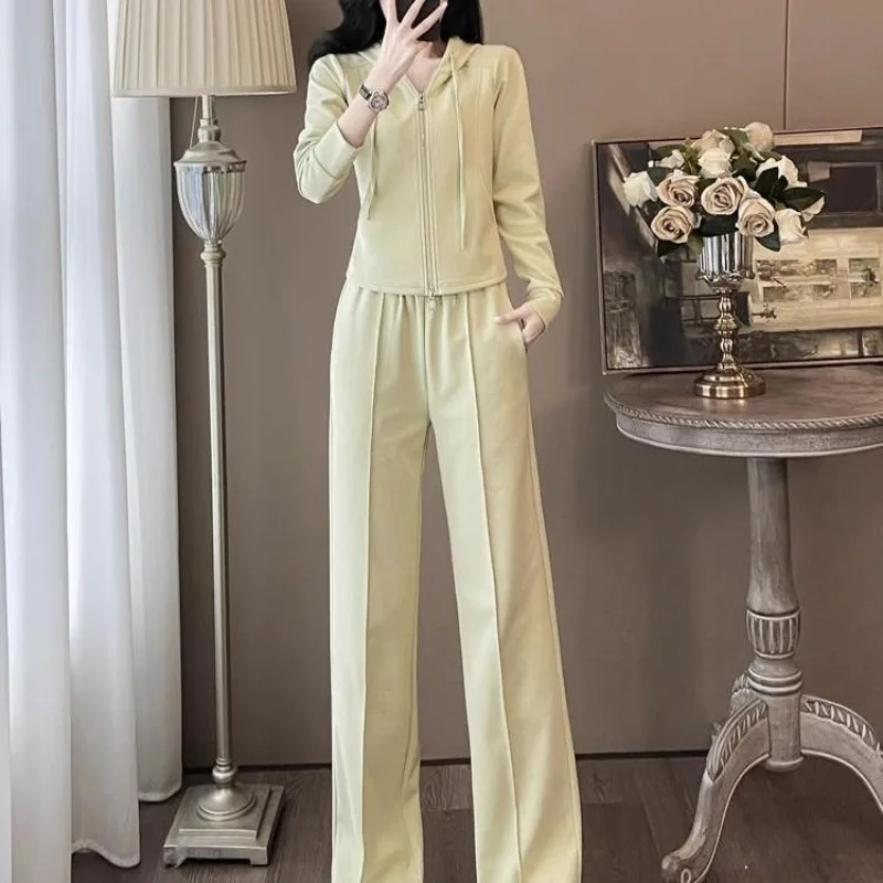 Leisure Sports Suit Women's 2025 Spring and Autumn New Fashion Hooded Cardigan Sweater and Wide-footed pants 2 Two piece Sets