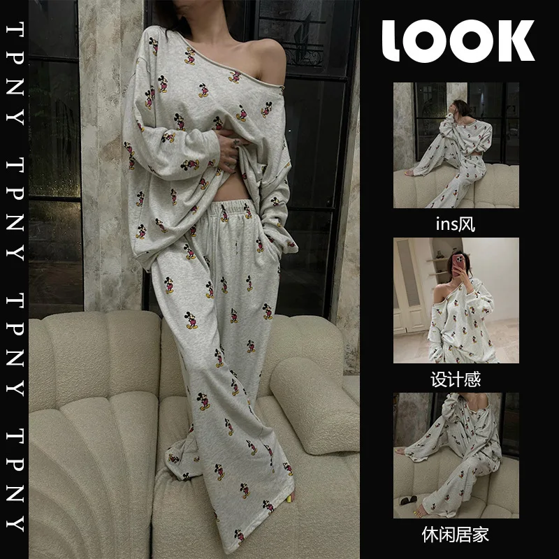 Conjunto de Ropa de Casa de Seda Helada para Mujer, con Estampado de Mickey Mouse, Cuello en V, Cárdigan Abierto con Lazo de Mariposa, Manga Larga y Pantalones Largos, para Primavera y Otoño