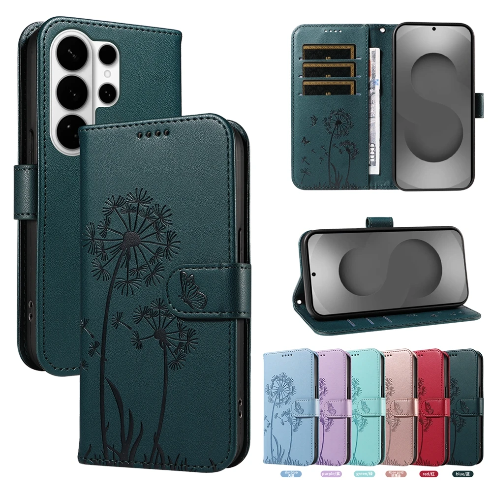 Magnetic Leather Wallet Flip Case for Samsung Galaxy S26 Plus Edge Ultra Phone Book Cover 3D Embossed Cat Butterfly Dandelion