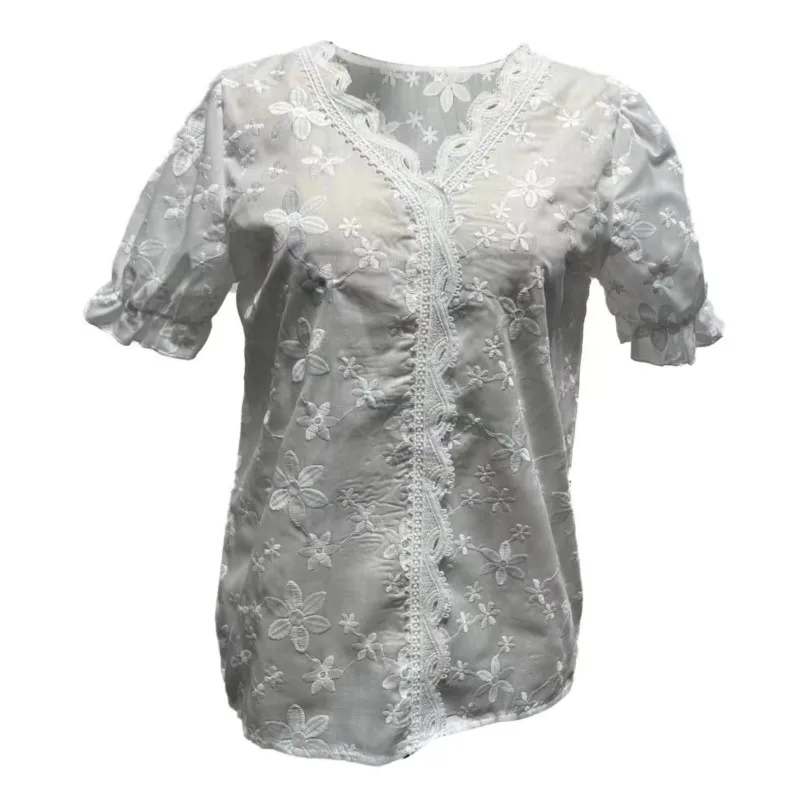 Elegant Blouse White Shirt Lace 2024 Summer Fashion Hollow Flower Embroidery Short Sleeve Pullover Top Office Lady Shirt S-2XL