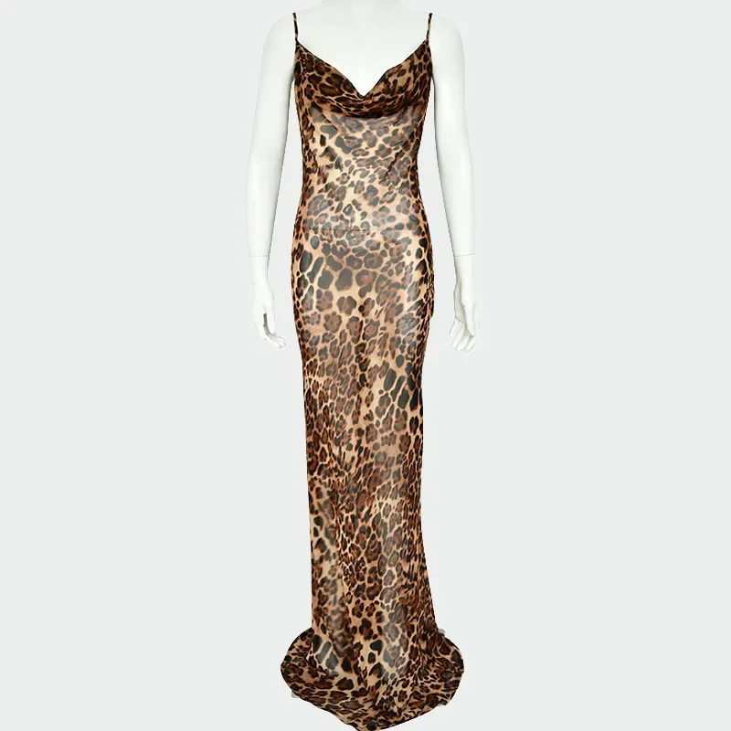 Mingmingxi Summer Leopard Sexy See Through Dress Maxi Backless Sheer Beach Dress Lace Up Elegant Floor Length Holiday Dress