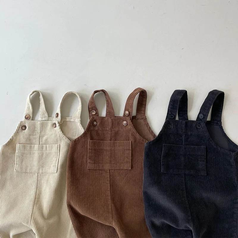 2024 Spring Ins Boy Girl Children Retro Corduroy Overalls Baby Solid Suspenders Pants Kid Cotton Casual Trousers Infant Clothes