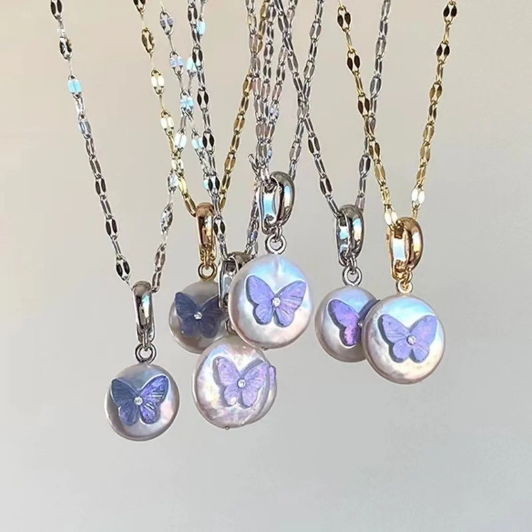 

DUTRIEUX French Luxury Style Silver Color Imitation Irregular Pearl Necklace Purple Drop Glue Butterfly UNISEX Luxury Jewelry