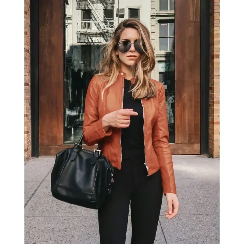 Long Sleeve Zipper PU Coats Outwear Pockets Autumn Casual Trend Women's Fashion Leather PU Blazer Solid Color Leather Jackets