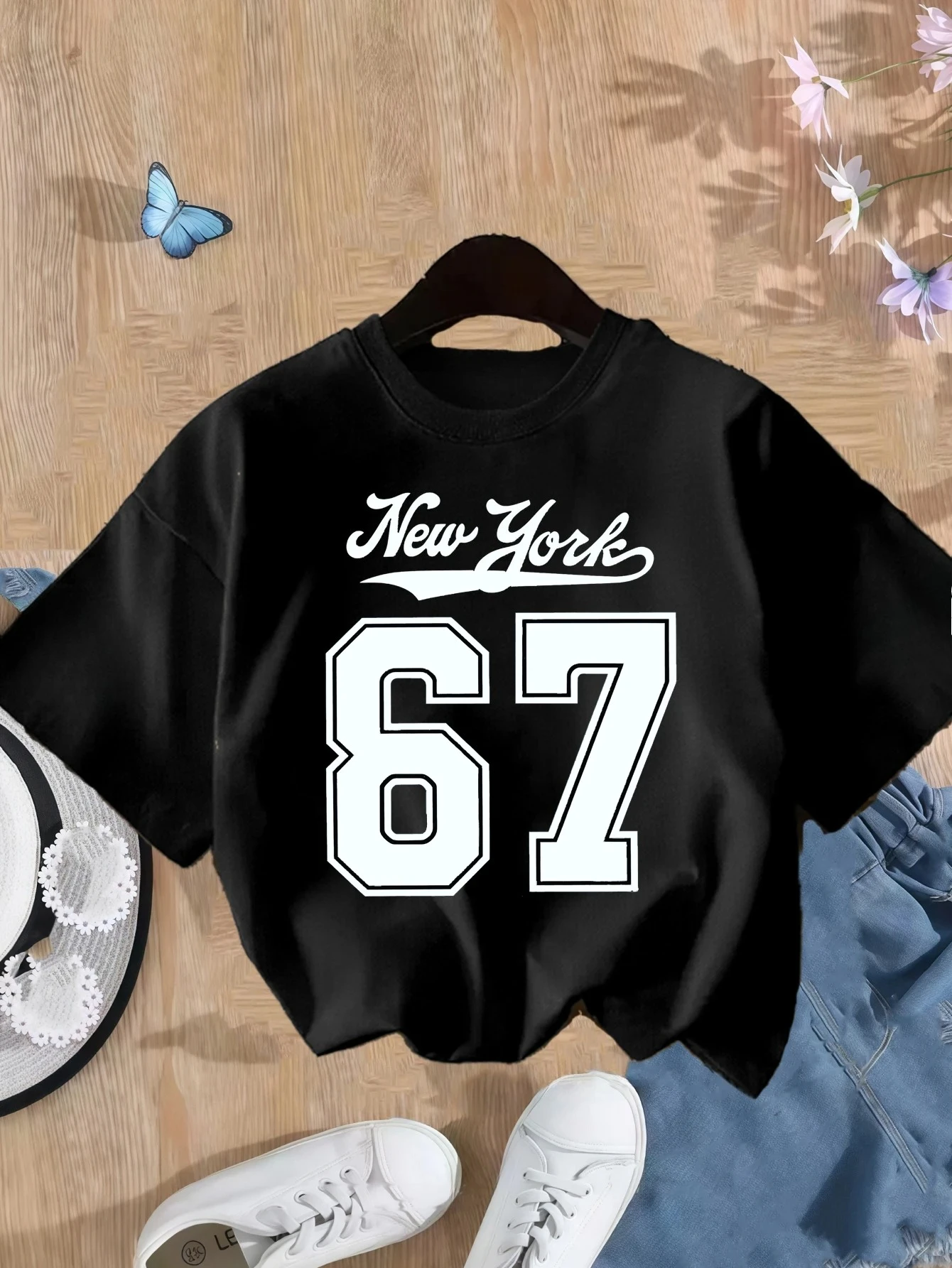Girls' Number 67 New York Print Summer Short-Sleeve T-Shirt Pink Elastic Round Neck Children's Top Fashion Design Fashion Tops - view 3