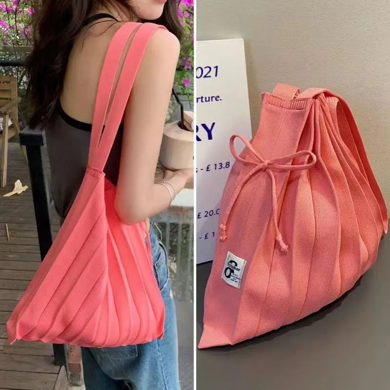 Korean Niche Designer Pleated Shoulder Shopping Bag Spring and Summer Foldable Knitted Large Portable Organ Bags for Women