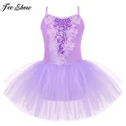 Children Girls Ballet Tutu Ballerina Stage Performance Dance Dress Sleeveless Shiny Sequins Rhinestone Floral Mesh Dancewear