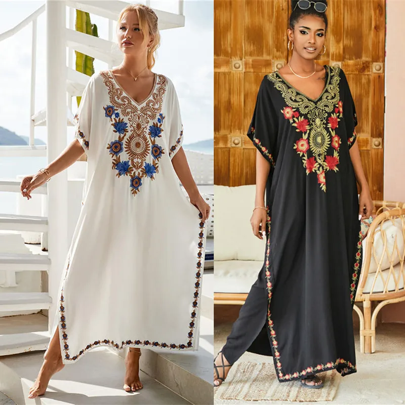 Embroidery Beach Cover Up Saida De Praia Swimsuit Women Loose Bikini Cover Up Tunics for Beach Pareo Sarong Beachwear