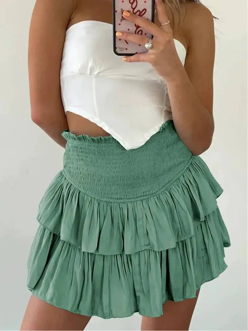 Women's High Waist Mini Skirt Peplum Layered Casual All Season Basic Solid Preppy Flared A-Line Skirts JK Sweet Korean 08AU
