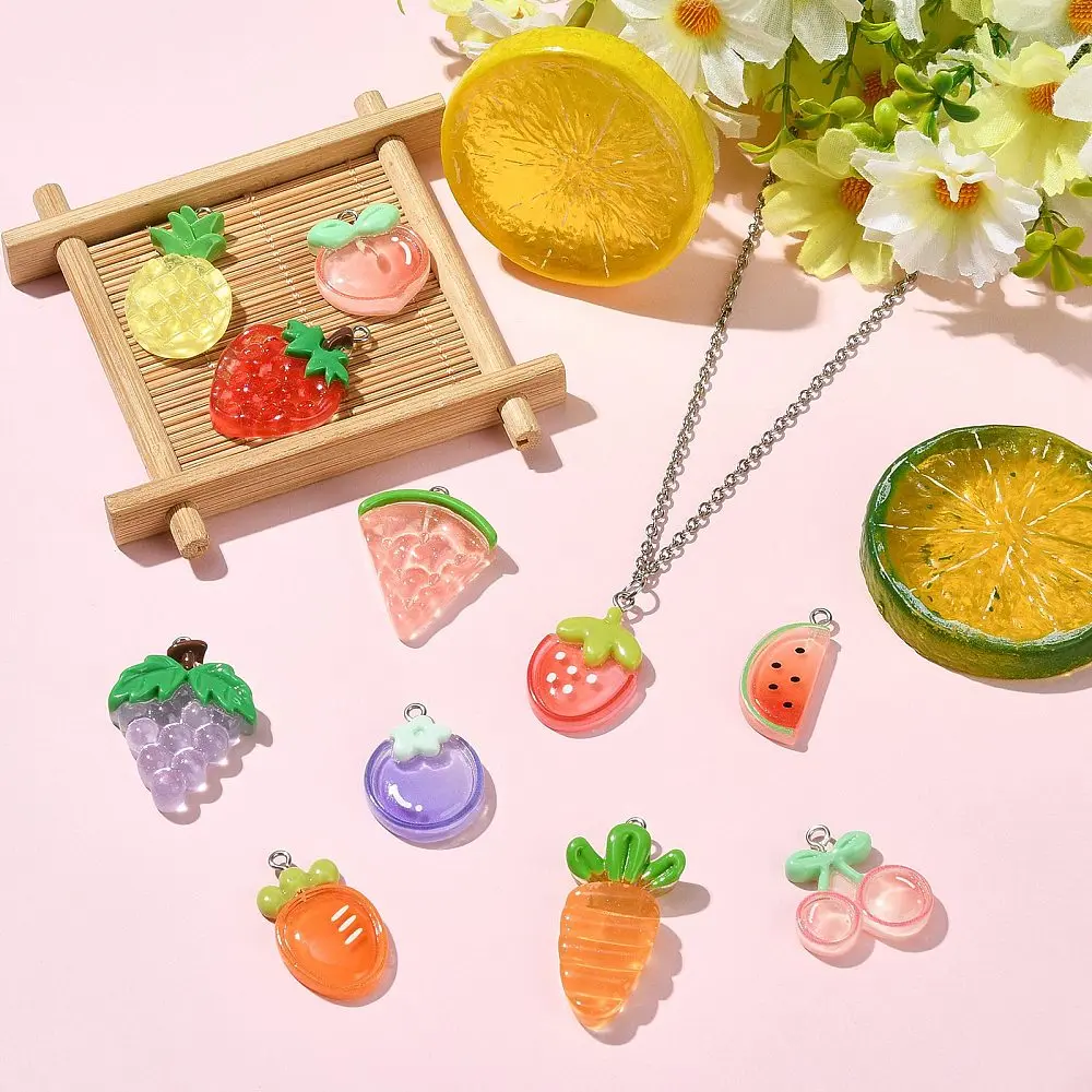 60x Fruit Resin Charm Strawberry Watermelon Pineapple Grape Peach Cherry Carrot Pendant for DIY Bracelet Necklace Jewelry Making