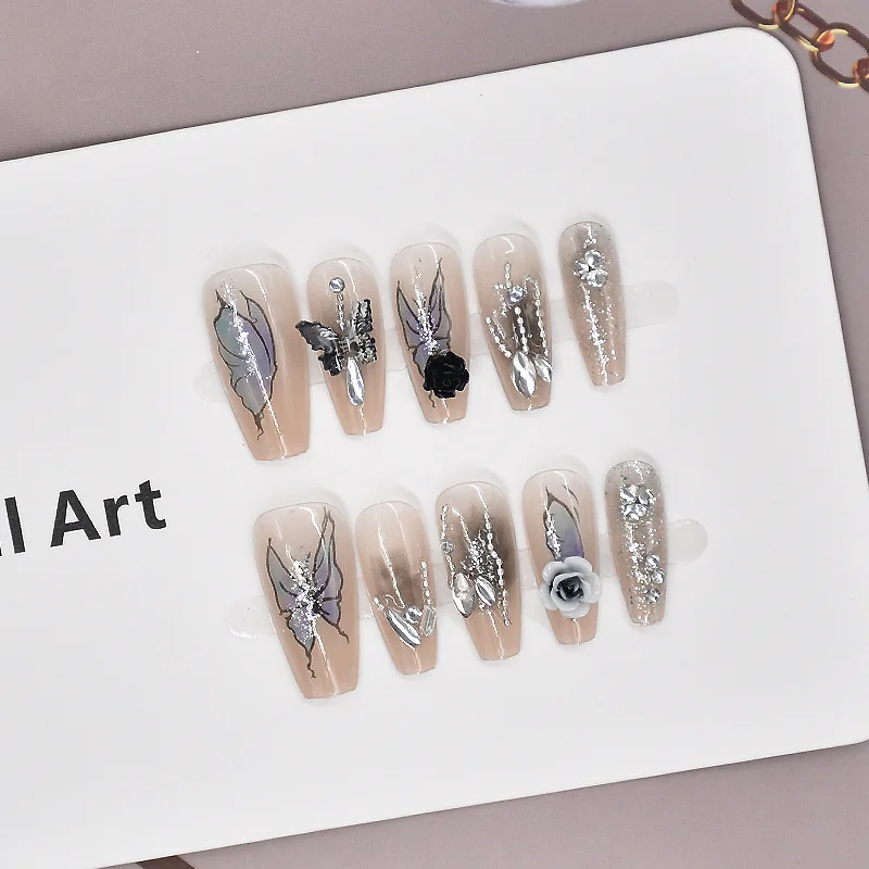 New Long Dark Style Manicure Press On Nails Rhinestone Charms