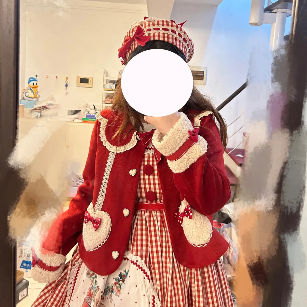 일본 오리지널 레트로 가을 겨울 짧은 모직 코트 크리스마스 새해 레드 달콤한 귀여운 소녀 로리타 두꺼운 오버코트