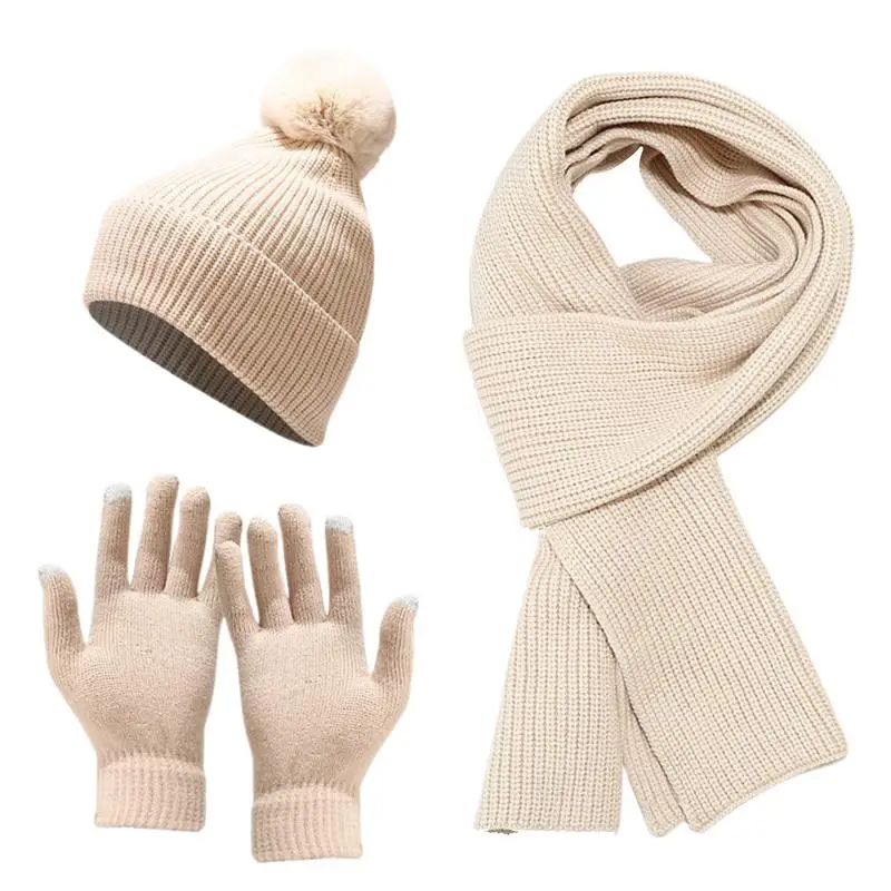 Women's Beanie Hat Scarf Outdoor Thick Warm Woolen Hat Set Womens Winter Hats Gloves Set Stocking Stuffers For Travel Walk