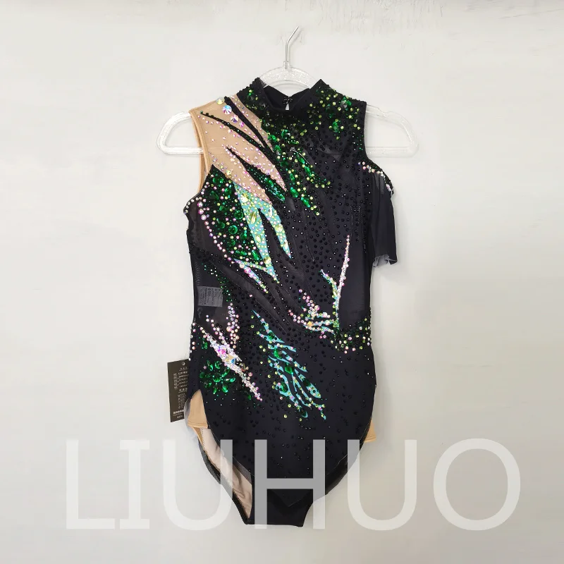 LIUHUO Leotardos de gimnasia rítmica personalizados para niñas y mujeres, ropa de baile con estampado verde de diamantes de imitación, monos de competición BD3194