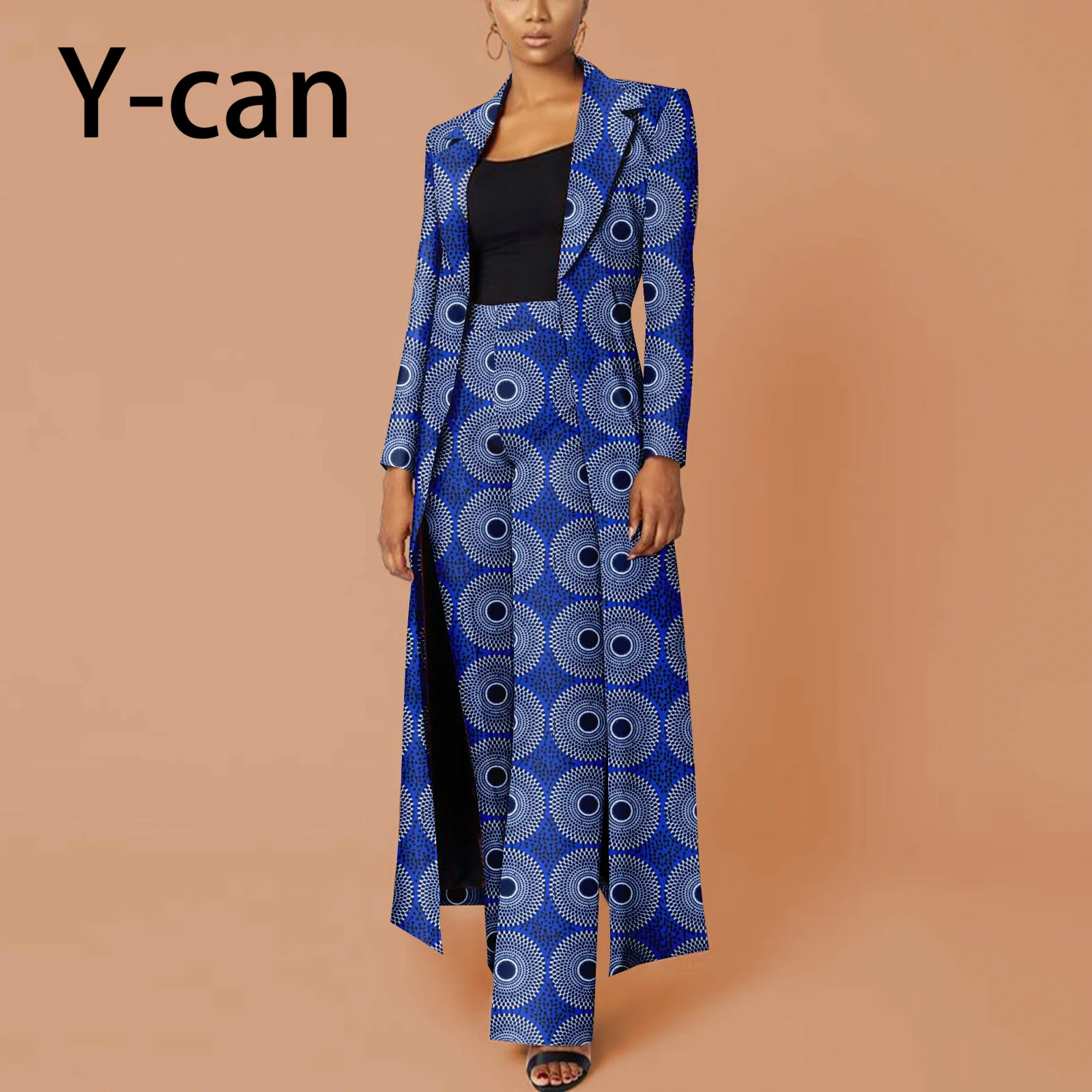 African Women Set 2 Piece Suit Traditional Long Sleeve Jacket Coat and Pants Ankara Print Office Business Causal Wear Y2326002