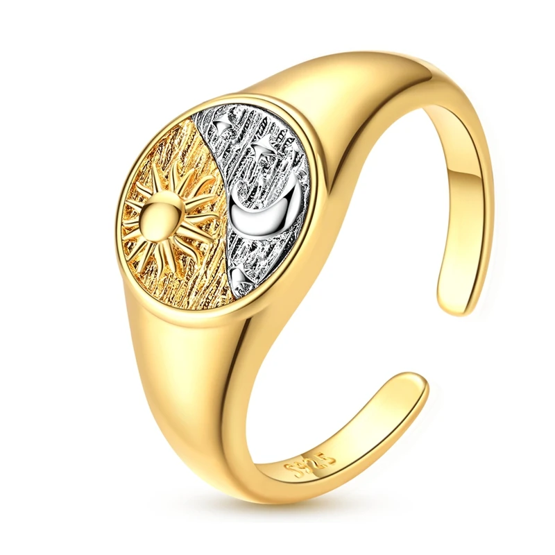 

Original 925 Sterling Silver Golden Sun Moon Stars Open Rings For Women Girls Jewelry Birthday Anniversary Gifts