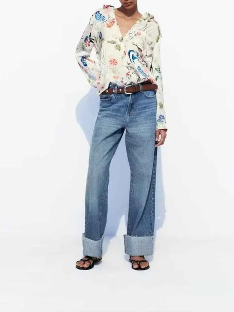 

European style new women's fashion versatile temperament lapel long-sleeved floral print top satin drape loose shirt