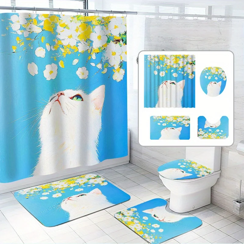 4pcs, Cute Cat Shower Curtain Set, White Kitten Looking Up to Sniff Flowers, with 12 Hooks, Polyester Fabric, with Bathroom
