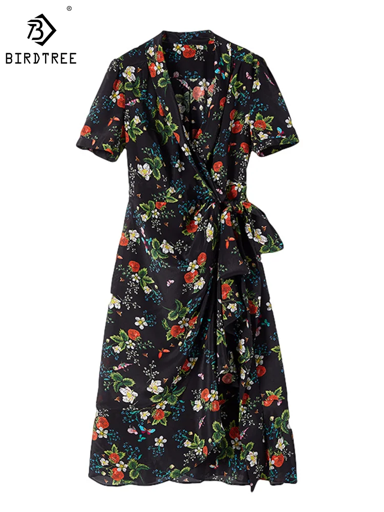 

Birdtree 6A 100%Mulberry Silk Crepe de Chine Dresses V Neck Lace-Up Tie Floral Printed Elegant Women Dress 2023 Summer D37527QM