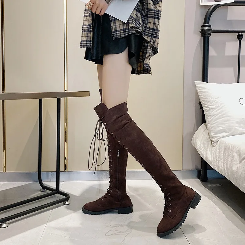 Sexy Thigh High Boots Women Western Over-the-knee Boots Rome Lace-up Low Heel Autumn Winter Boots Women Boots Shoes Plus Size 43