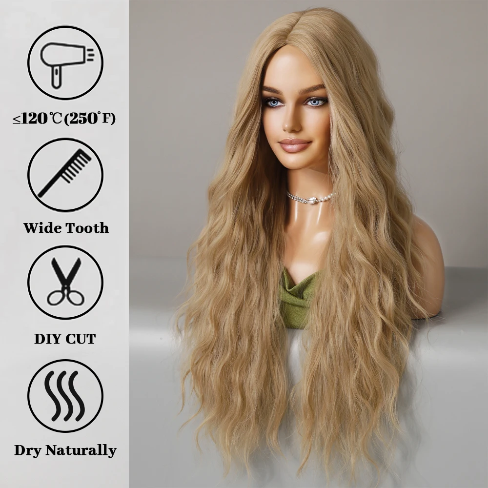 Long Wavy Curly Blonde Wigs for Women Natural Mid Parting Synthetic Wigs Daily Use Heat Resistant Party Fake Hair