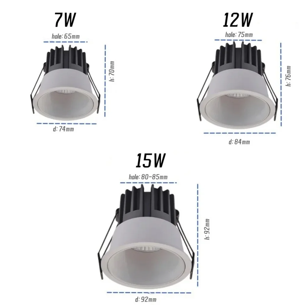 Dali Dimbaar Verzonken Anti-Glare Cob Spotlights Led Downlight 7W 12W 15W Smalle Bezel Plafondlamp Ac 220V Binnenverlichting