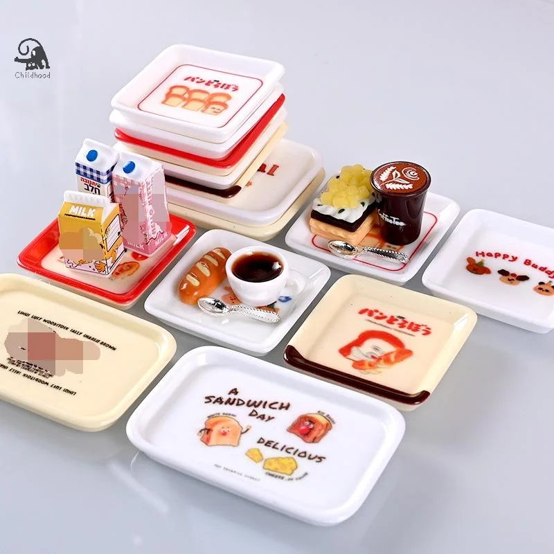 10 Uds 1/12 casa de muñecas de dibujos animados Mini bandeja platos conjunto casa de muñecas simulación cocina decoración juguete chico juguetes para juego de imitación