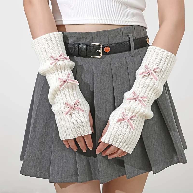 

Women Bow Knit Gloves Winter Warm Mid-Length Arm Sleeves Fingerless Arm Warmers Cute College Style Soft Elastic Cuffs