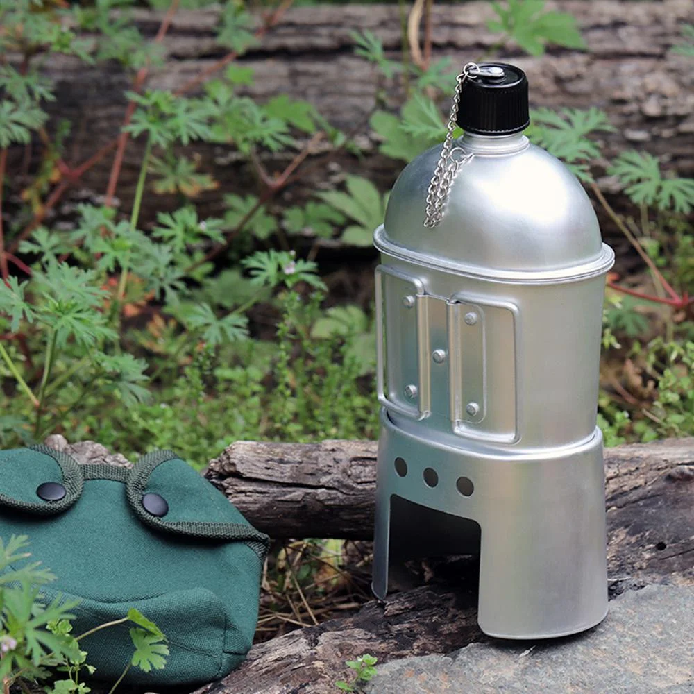 4PCS/Set Military Canteen Cookware Set Aluminum Alloy Canteen Multi-Functional Water Bottle with Grab Handled Cup Green Canvas