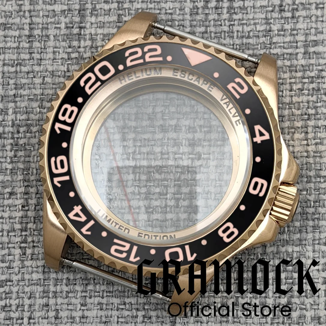 جراموك 44 ملم للرجال ذهبي كامل/ذهبي وردي DEEP SEA Homage Big Sapphire Watch Case إطار سيراميك مناسب NH34 NH35 NH38 ETA2824 PT5000