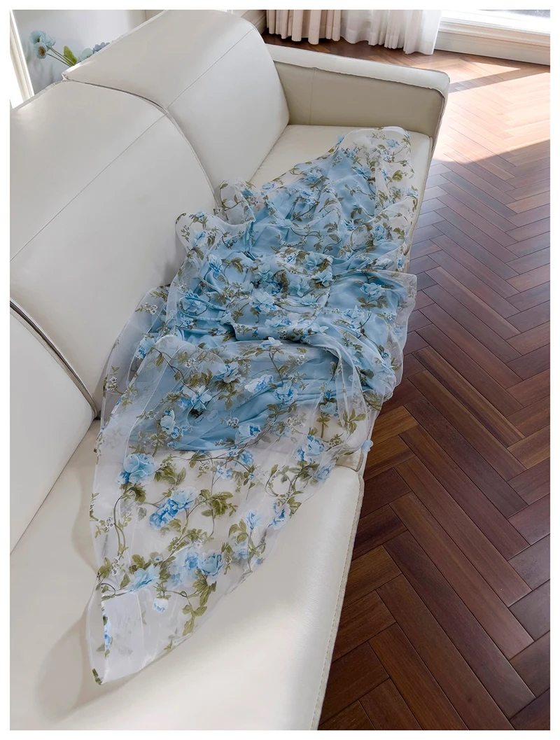 Ele blauwe strapl tule prinses baljurk met 3D bloemversiering faionable a-lijn rok lange avond Dr