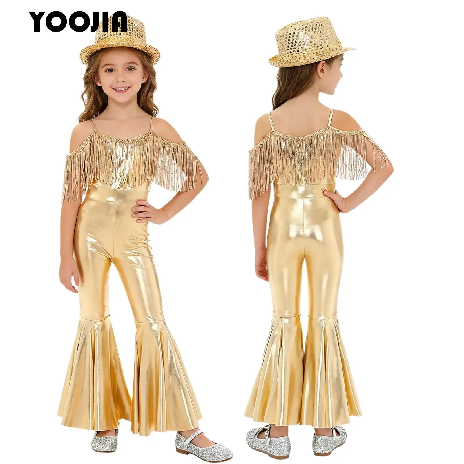 

Girls Shiny Metallic 70S Disco Hippie Costume Jumpsuit Sequin Tassels Jazz Dance Flare Bell Bottom Romper Full Bodysuit +Hat Set