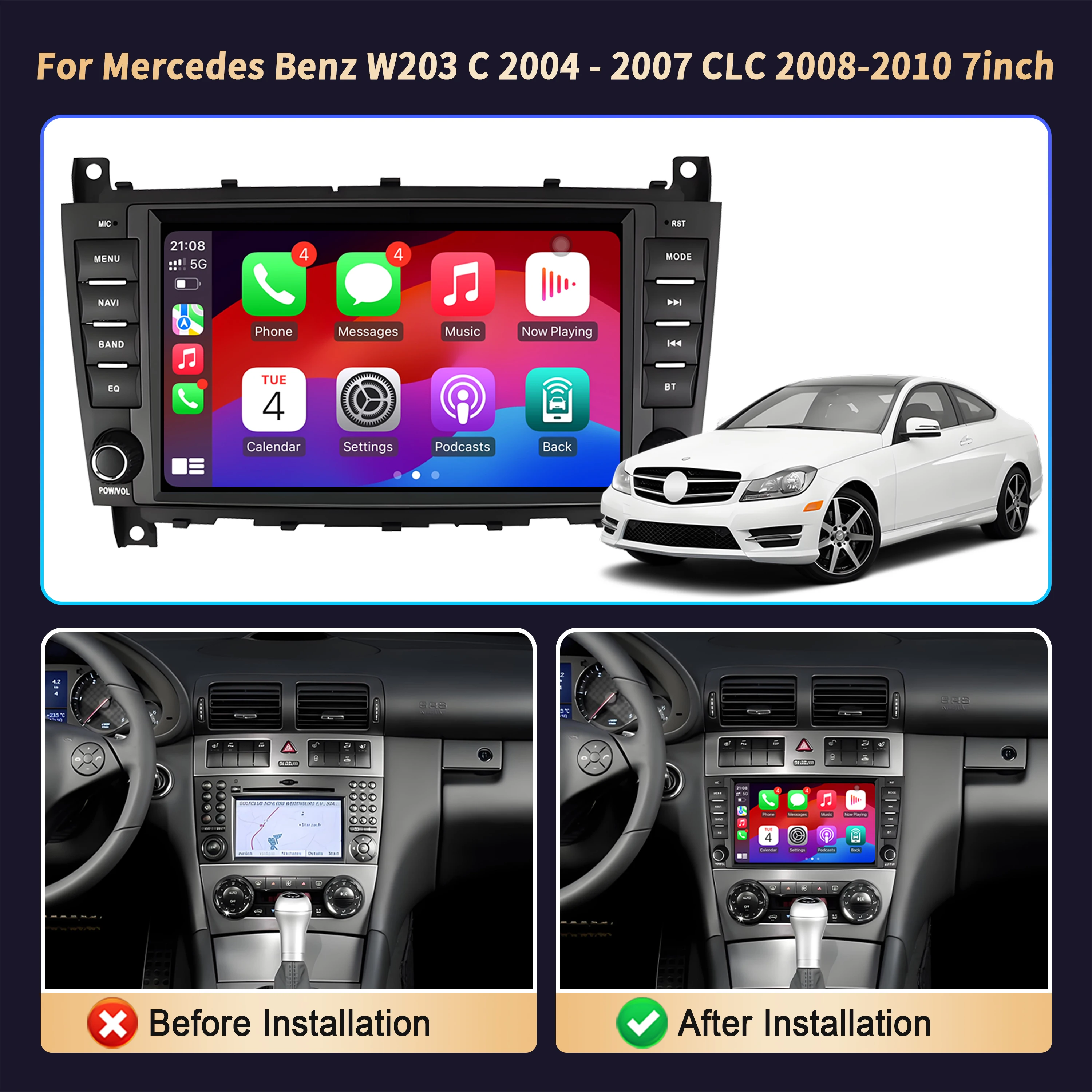 7inch Screen Car Radio Stereo For Mercedes Benz CLC W203 C-Class C180 C200 CLK200 CLK W209 Wireless Android Carplay Multimedia
