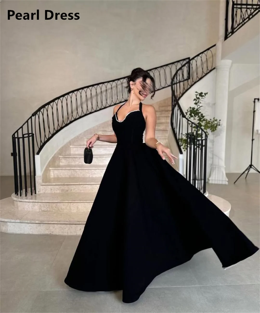 

Pearl Evening Dresses Women Elegant Party Dress Black Custom Made Line A Satin Dresses for Formal Occasions Woman Special Prom