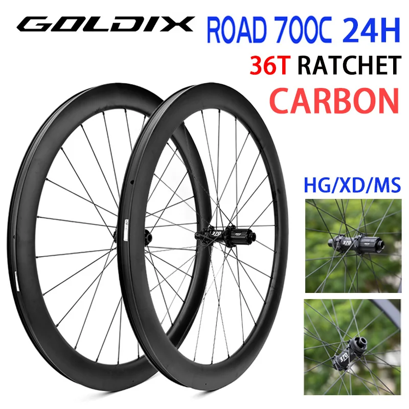 

Карбоновые колеса GOLDIX 700c для дисковых тормозов, 50 мм, Ratchet 36T, 24 отверстия, для шоссейных велосипедов, совместимые с Shimano Straight-pull, 6 болтов, комплект шоссейных колес.