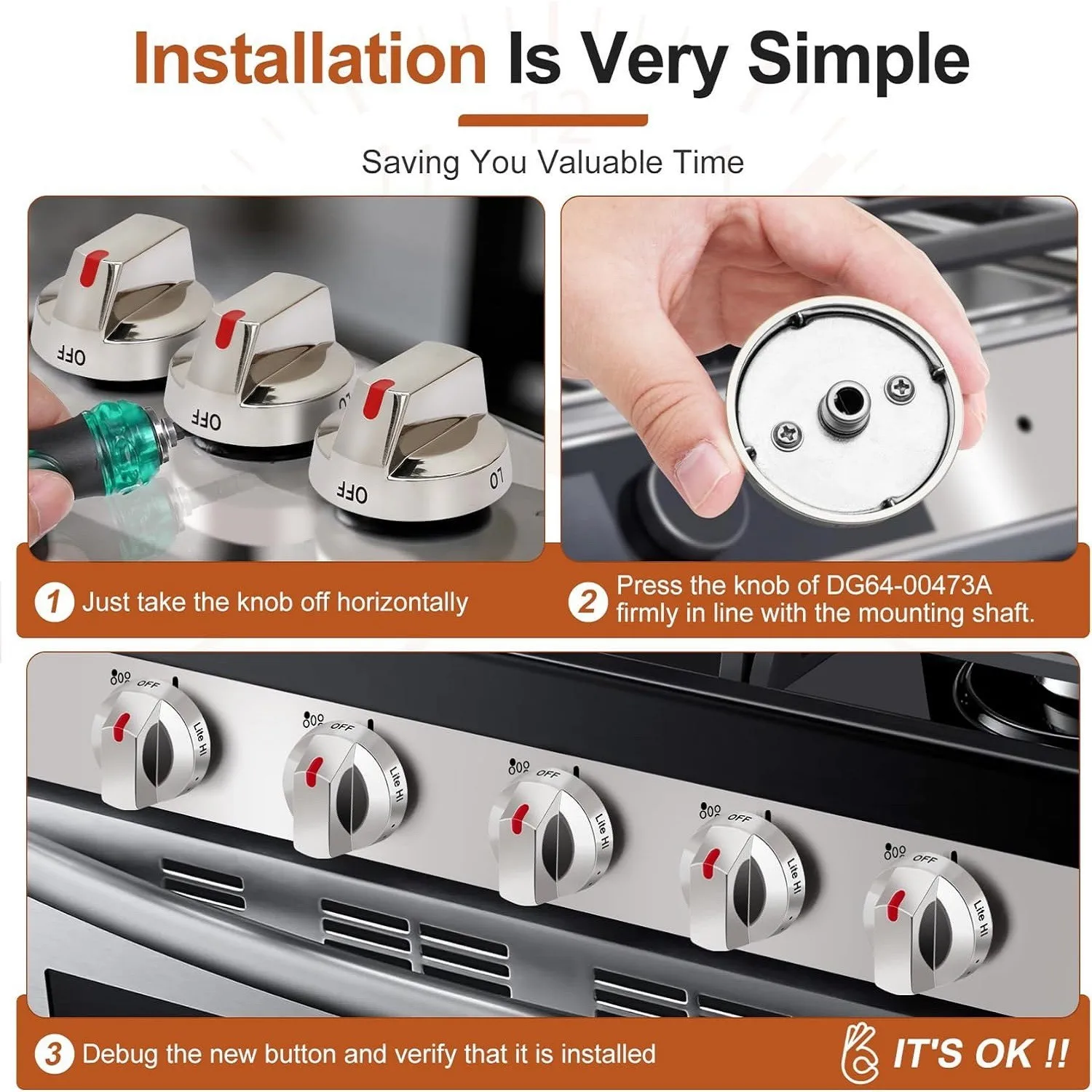 DG64-00473A Control Dial Knob, Gas Stove Burner Switch Replacement Parts Compatible with Samsung Gas Range Oven 5pcs Set